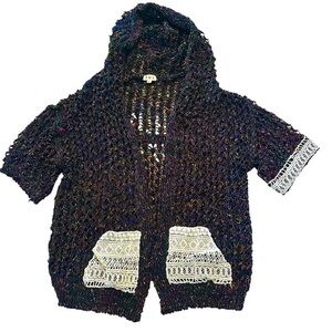 POL Hooded Short Sleeve Open Front Crochet Cardigan Womens Size Large Multicolor